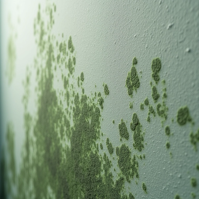 Manchas escuras e esverdeadas de mofo em parede.