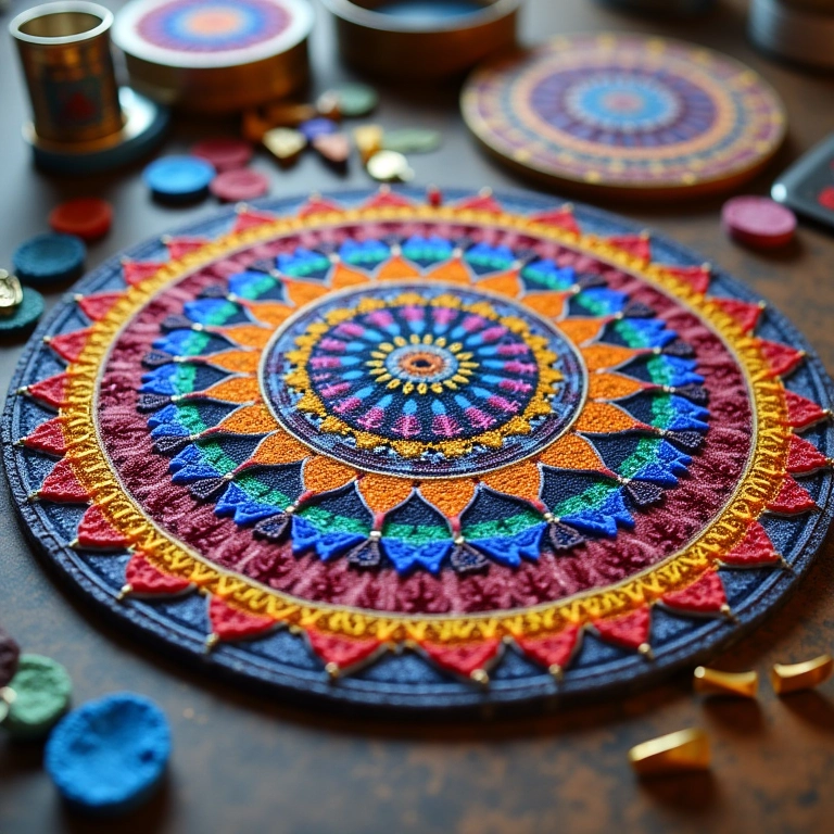 Mandala de CD decorada com miçangas e glitter.