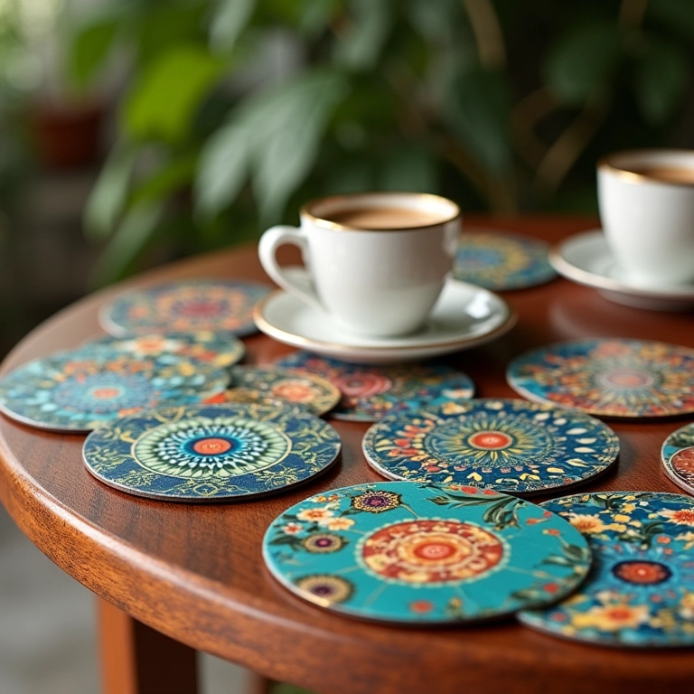 Mandalas de CD usadas como descanso de copos e pratos em mesa.