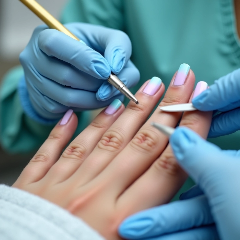 Manicure aplicando esmalte azul pastel em unhas.