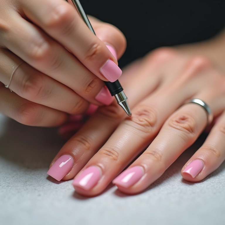 Manicure aplicando unhas soft gel com precisão, demonstrando a técnica profissional.