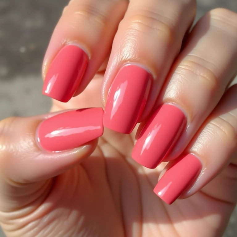 Manicure com efeito gel e brilho intenso.