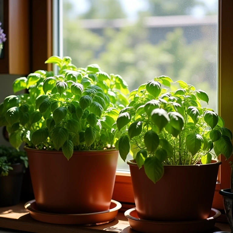 Manjericão aromático crescendo em vasos grandes em uma janela ensolarada.