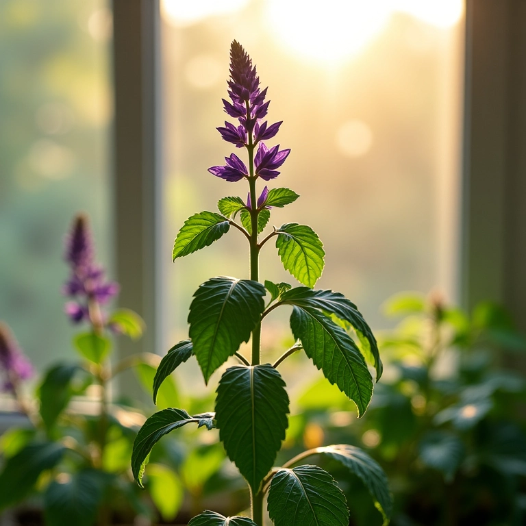 Manjericão roxo recebendo luz solar em casa.