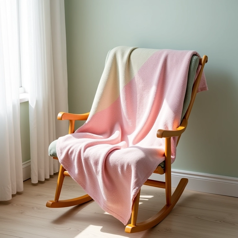 Manta de tricô com efeito degradê em cadeira de balanço.