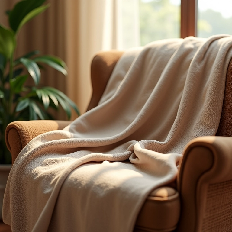 Mantas macias sobre uma poltrona em uma casa brasileira com luz quente.