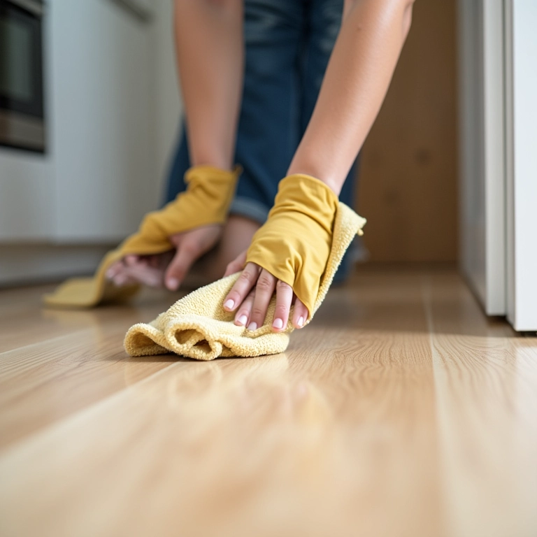 Manutenção diária do piso laminado com pano umedecido Scotch-Brite.