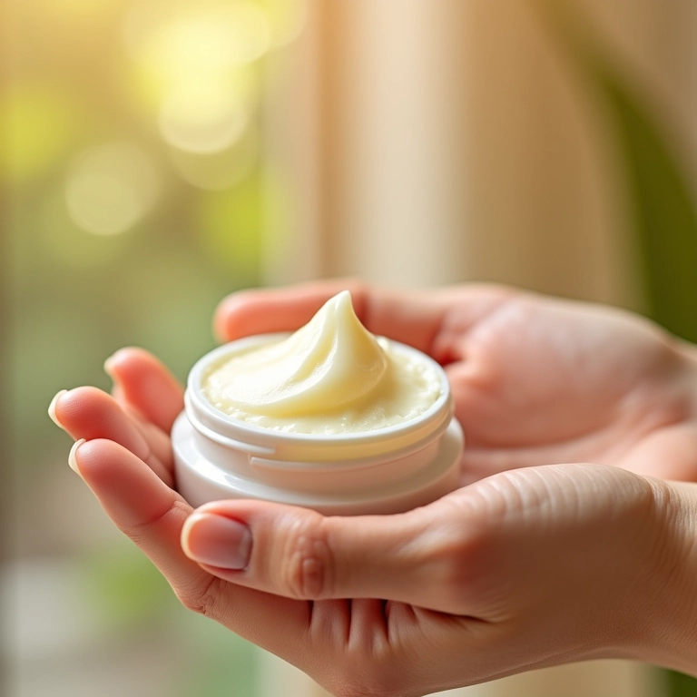 Mão aplicando creme desodorante natural com ingredientes nutritivos.