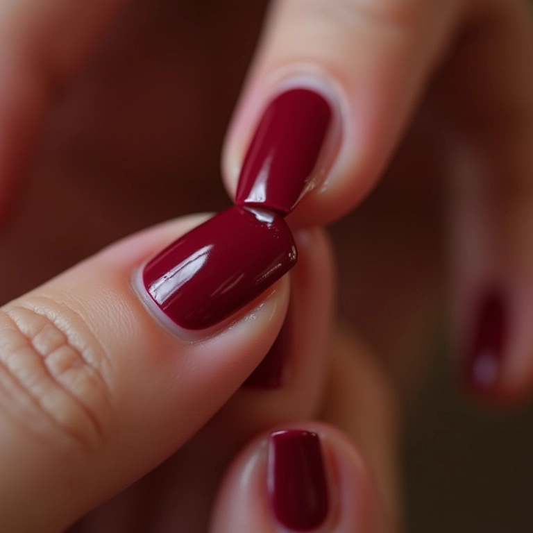 Mão aplicando esmalte vermelho cereja escuro, close-up.