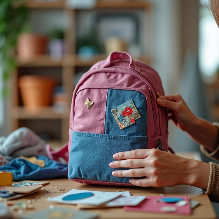 Mão aplicando patch com cola em mochila.