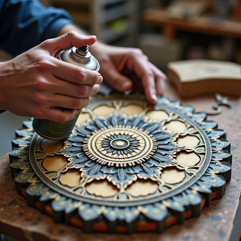 Mão aplicando spray selante para proteger a pintura da mandala de CD.