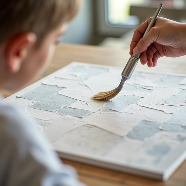 Mão aplicando verniz acrílico em um painel de patchwork em isopor finalizado.