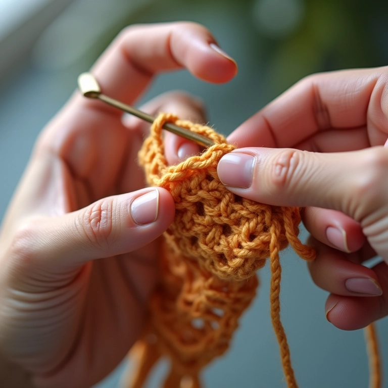 Mão canhota praticando ponto de crochê.