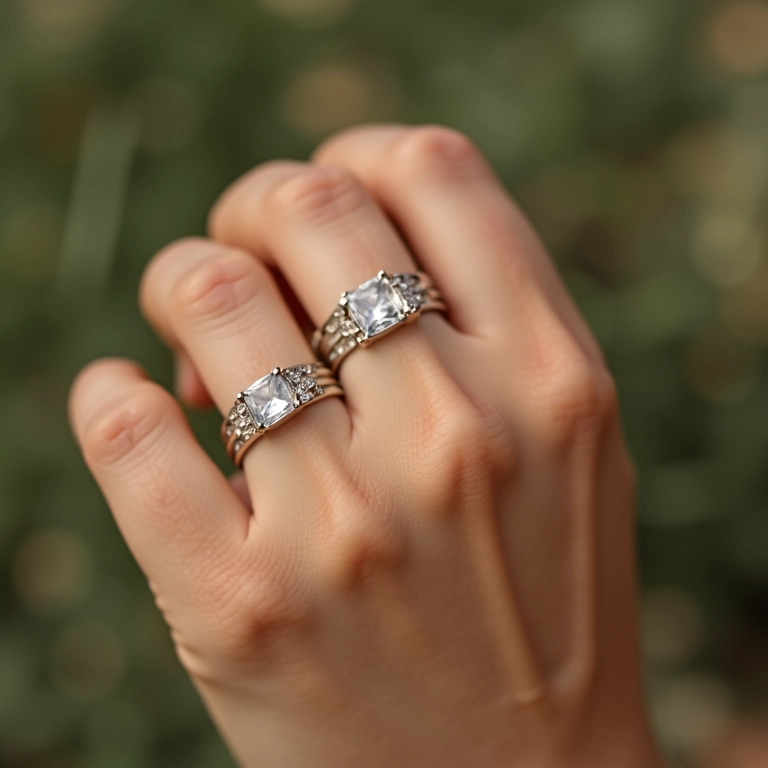 Mão com anéis delicados confortáveis, para uso diário.