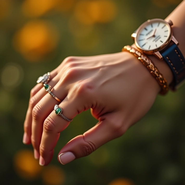 Mão com anéis delicados, pulseira e relógio, criando uma harmonia de acessórios.