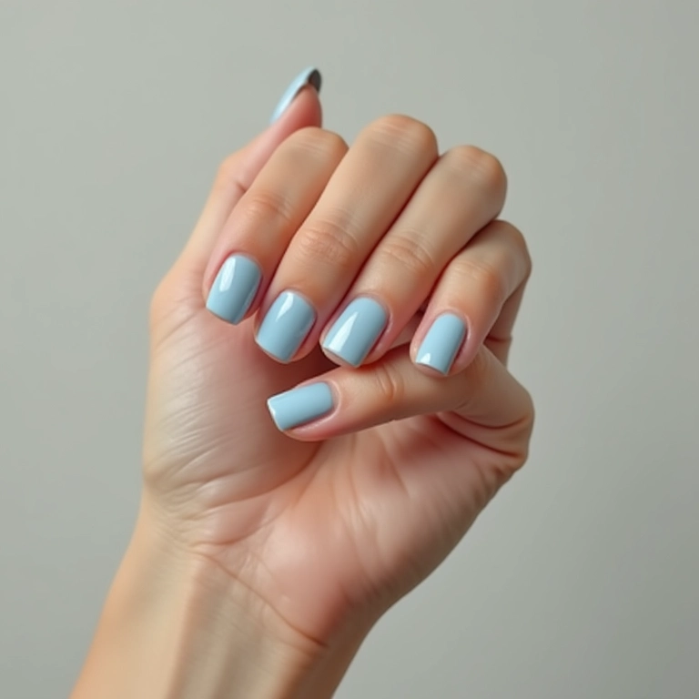 Mão com esmalte azul pastel tocando diferentes tons de pele.