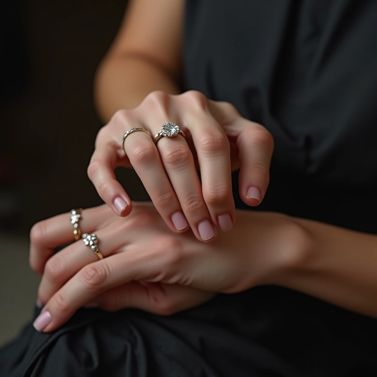 Mão de especialista estilizando anéis delicados, dando dicas.