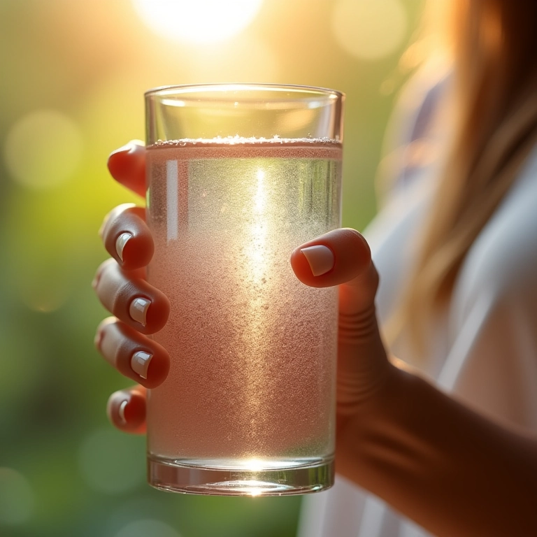 Mão de mulher segurando copo d'água sob a luz do sol.