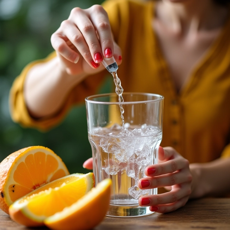 Mão de mulher servindo água com frutas tropicais.