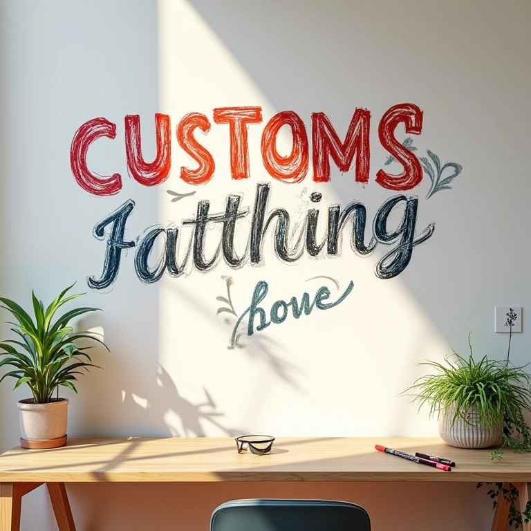 Mão desenhando lettering personalizado em parede de estúdio ensolarado.