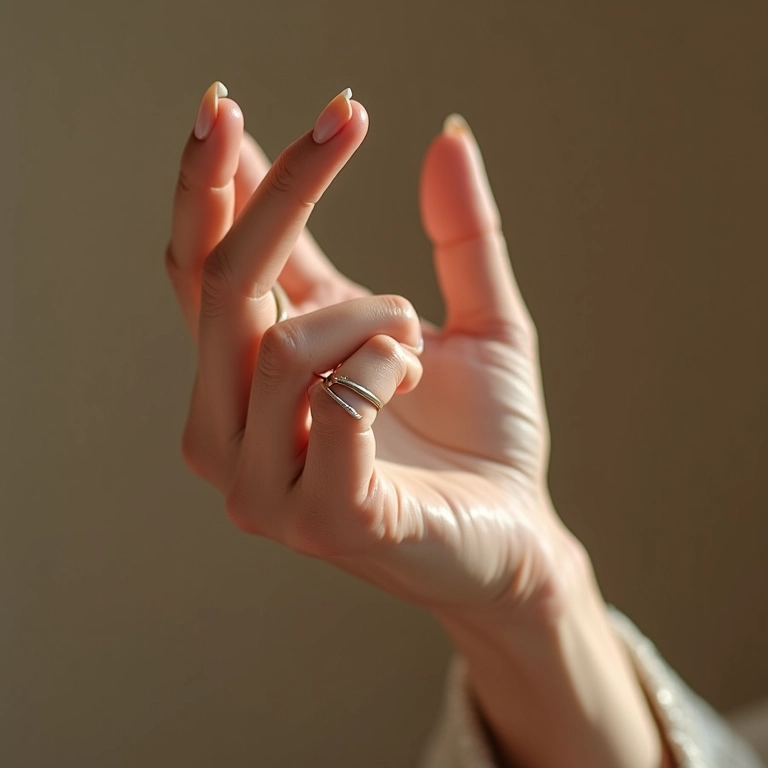 Mão elegante com poucos anéis delicados. Conceito 'Menos é Mais'.
