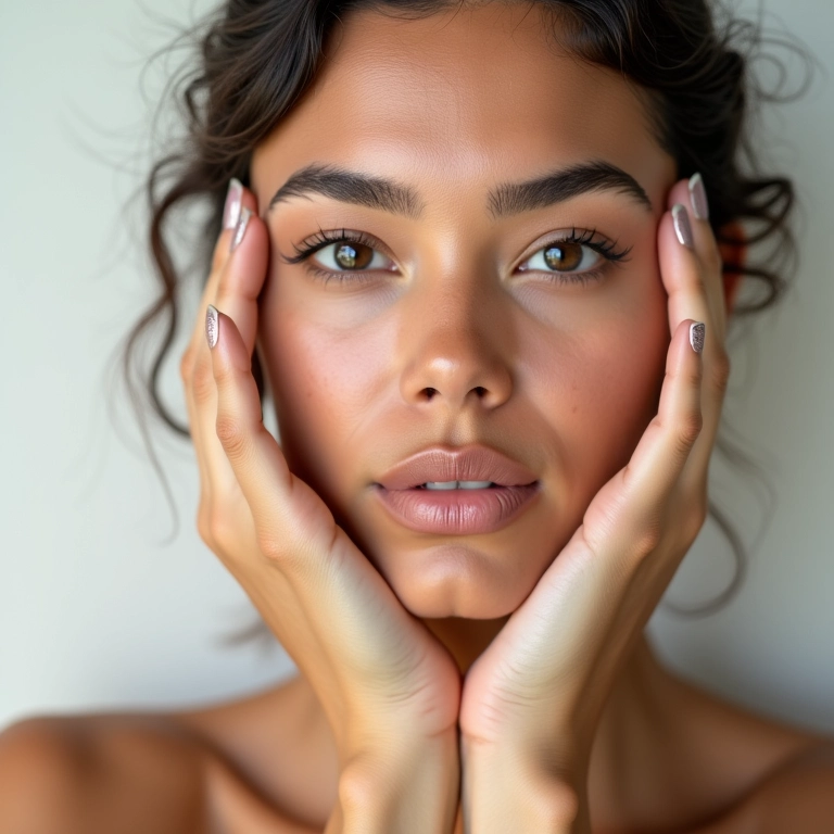 Mão escolhendo maquiagem com ingredientes seguros.