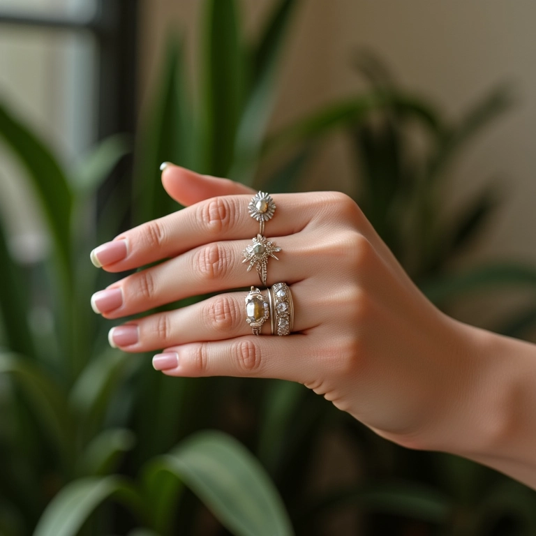Mão feminina adornada com anéis delicados, destacando a beleza de usar vários anéis juntos.