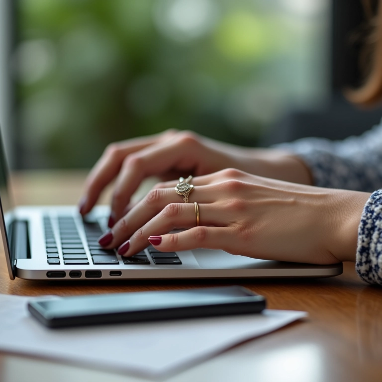Mão feminina com anéis delicados digitando em um laptop no trabalho.