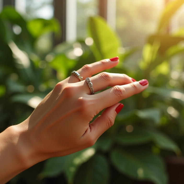 Mão feminina com anéis delicados em ambiente iluminado e com decoração brasileira.