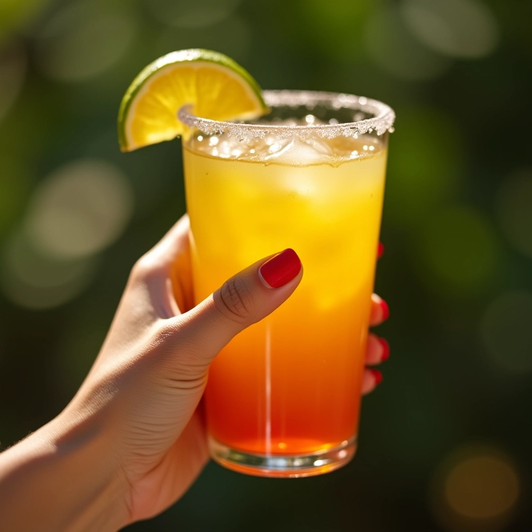 Mão feminina com unha vermelha vibrante segurando caipirinha.