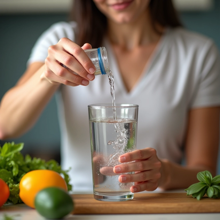 Mão feminina enchendo copo com água fresca.
