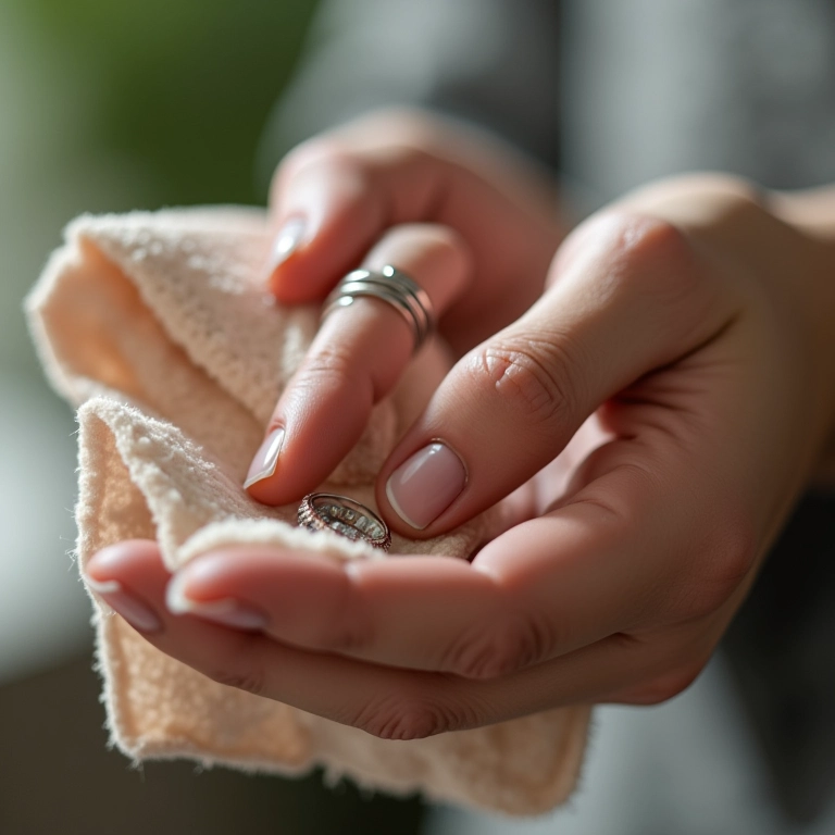 Mão limpando anéis delicados com um pano macio, cuidando das joias.