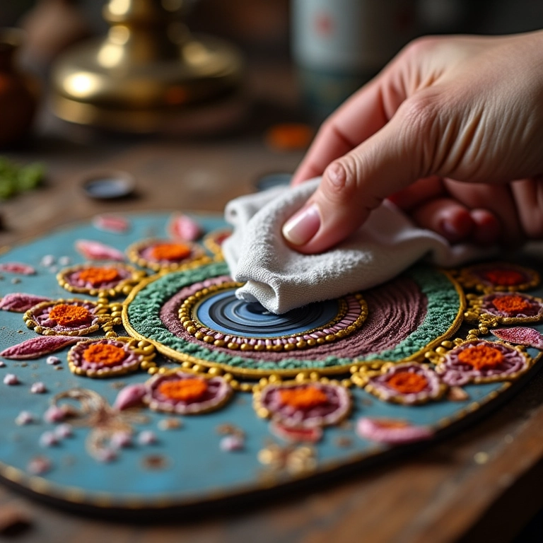 Mão limpando CD com pano antes de começar a criar a mandala.