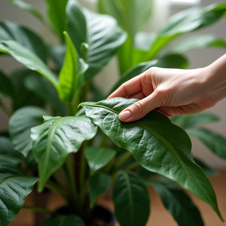 Mão limpando delicadamente as folhas de uma planta artificial.