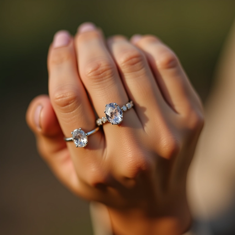 Mão mostrando um anel minimalista junto com anéis delicados.