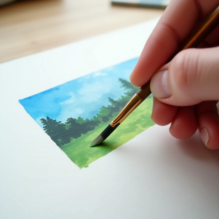 Mão pintando paisagem simples com aquarela.
