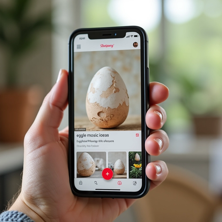 Mão segurando celular com ideias de mosaico de casca de ovo no Pinterest.
