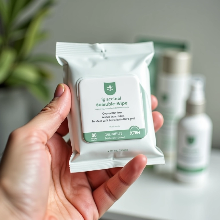 Mão segurando lenço umedecido com selo 'sem parabenos'.