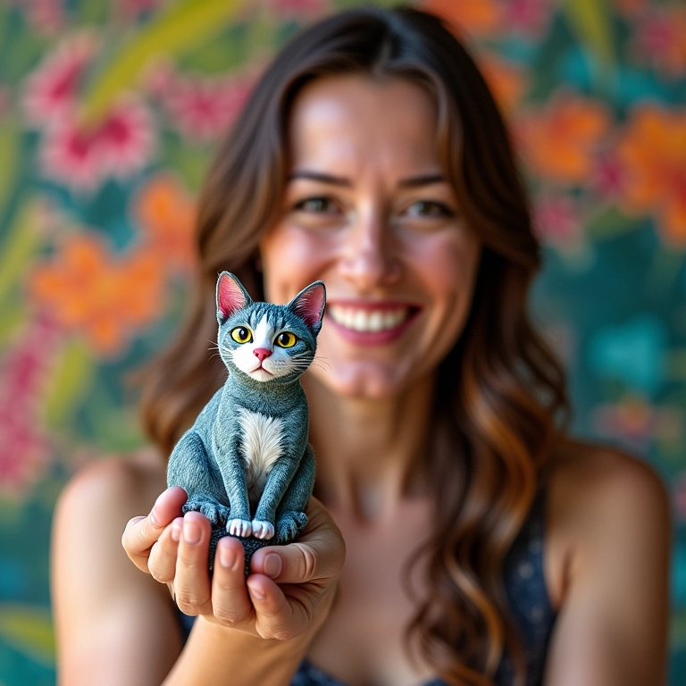 Mão segurando pedra pintada como um gato, mulher sorrindo.