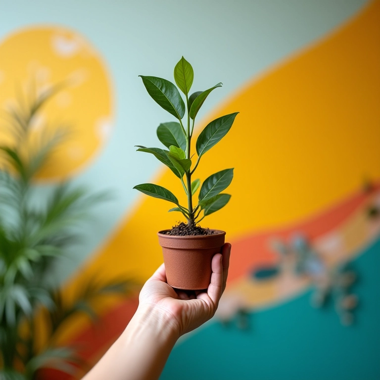 Mão segurando planta perto de parede colorida.