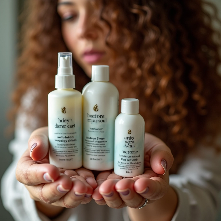 Mão segurando produtos para fitagem perto de cabelo cacheado.