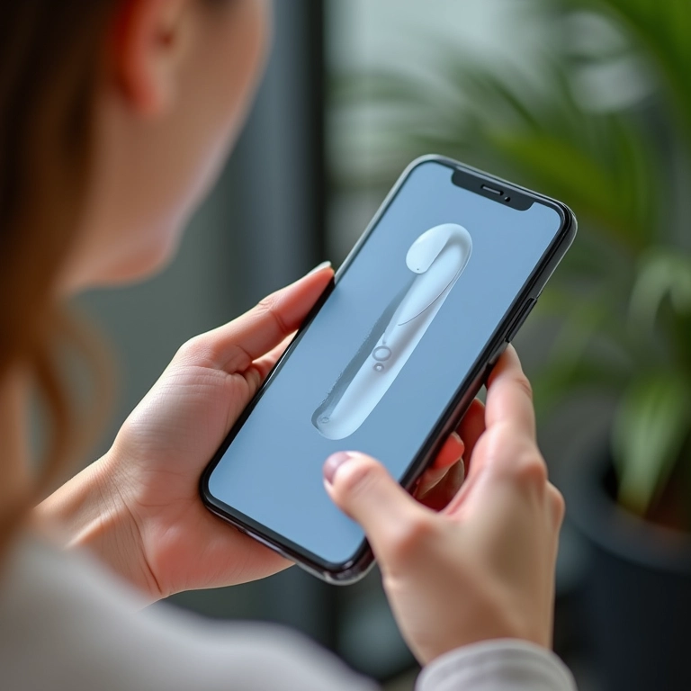 Mão segurando smartphone mostrando pesquisa sobre tecnologia de gadget de beleza.