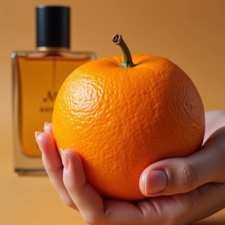Mão segurando tangerina com perfume ao fundo.