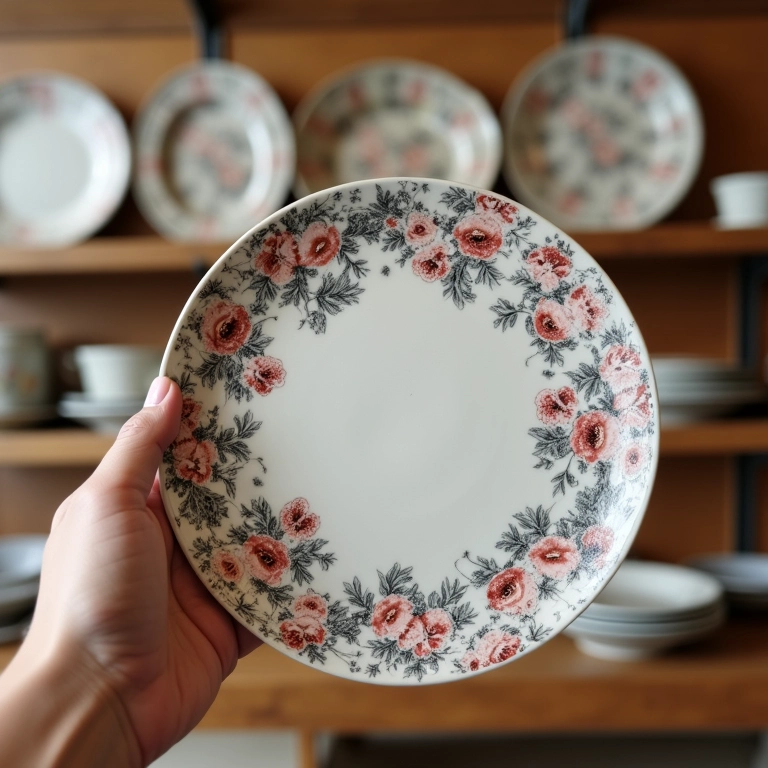 Mão segurando um prato decorativo em uma loja.