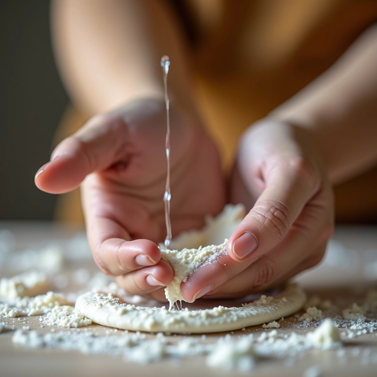 Mãos adicionando água à mistura do papel machê.