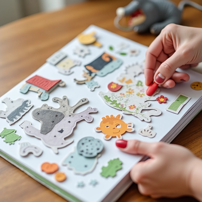 Mãos adicionando recortes e adesivos temáticos a um álbum de bebê.