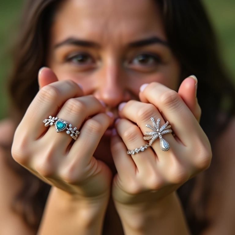 Mãos adornadas com anéis delicados únicos e pessoais, mostrando estilo individual.