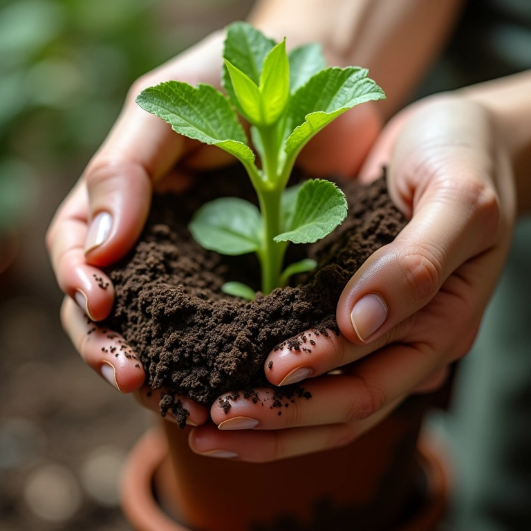 Mãos adubando planta em vaso com fertilizante orgânico, em ambiente iluminado.