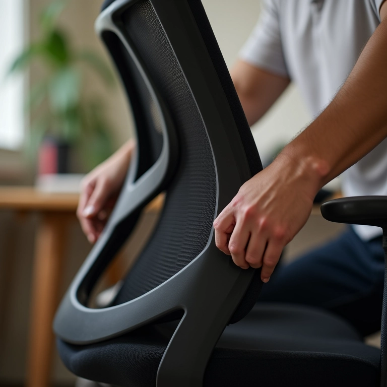 Mãos ajustando uma cadeira ergonômica, mostrando o conforto e suporte.