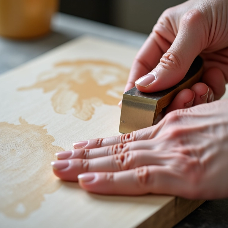 Mãos alisando papel de decoupage para evitar rugas.